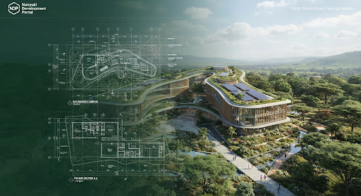 An architectural blueprint overlaid on a render of a sustainable building set in the green Laikipia landscape.